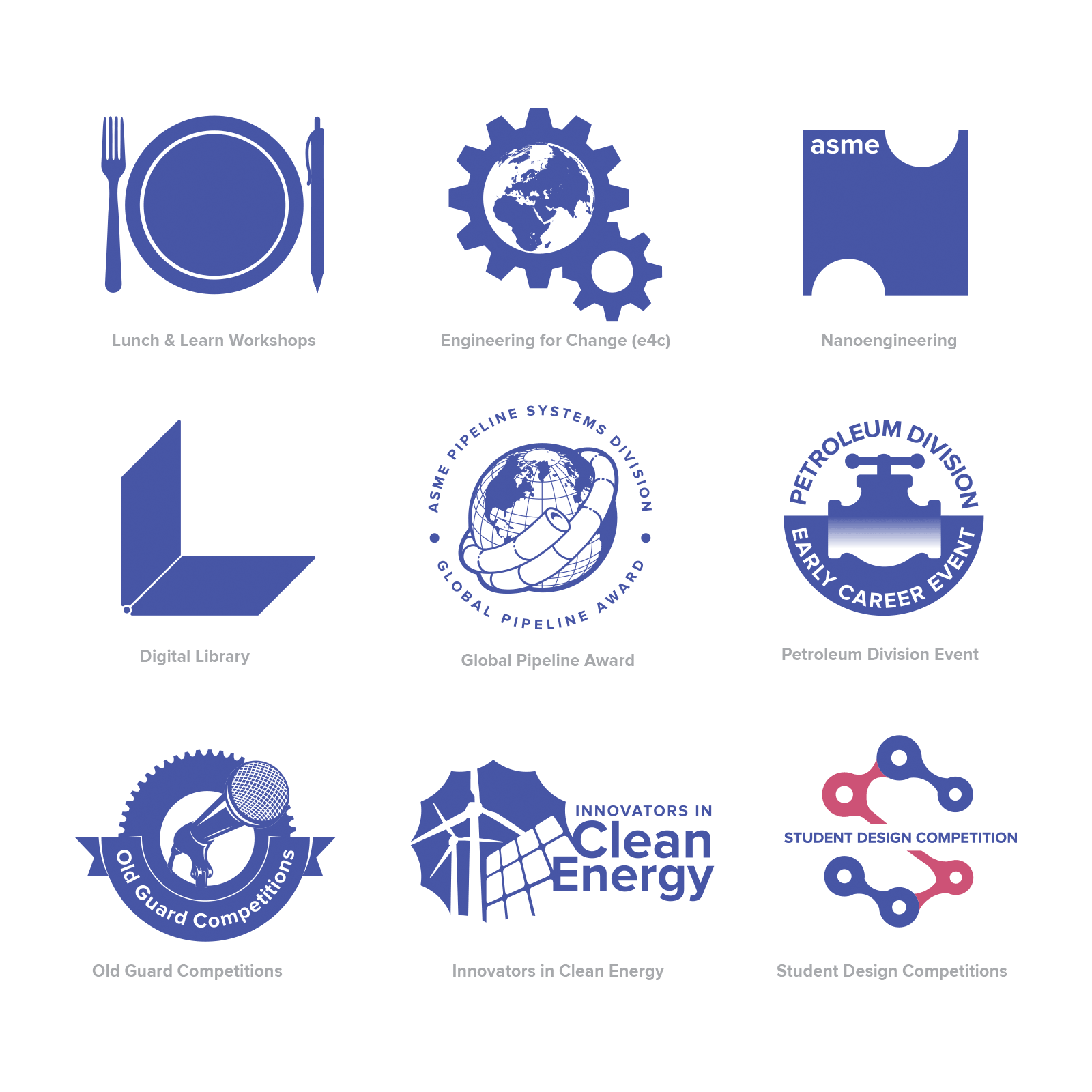 Logos for various programs and sections of ASME.org